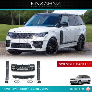 A Range Rover that is fitted with the SVO style Bodykit, and all of the individual parts of the kit shown separately