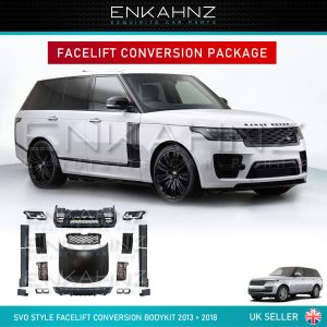 A Range Rover with the parts from the bodykit fitted to it, and all of the contents of the bodykit shown seperately.