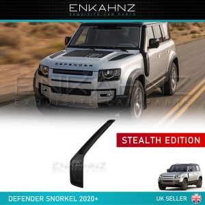 A Land Rover Defender with an air intake snorkel clearly fitted to it, as well as an image of the snorkel by itself.