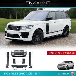 A Range Rover with the parts from the bodykit fitted to it, and all of the contents of the bodykit shown seperately.