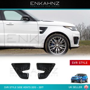 A white range rover sport clearly shown to have an SVR side vent fitted to it, and an image of two side vents displayed below seperately